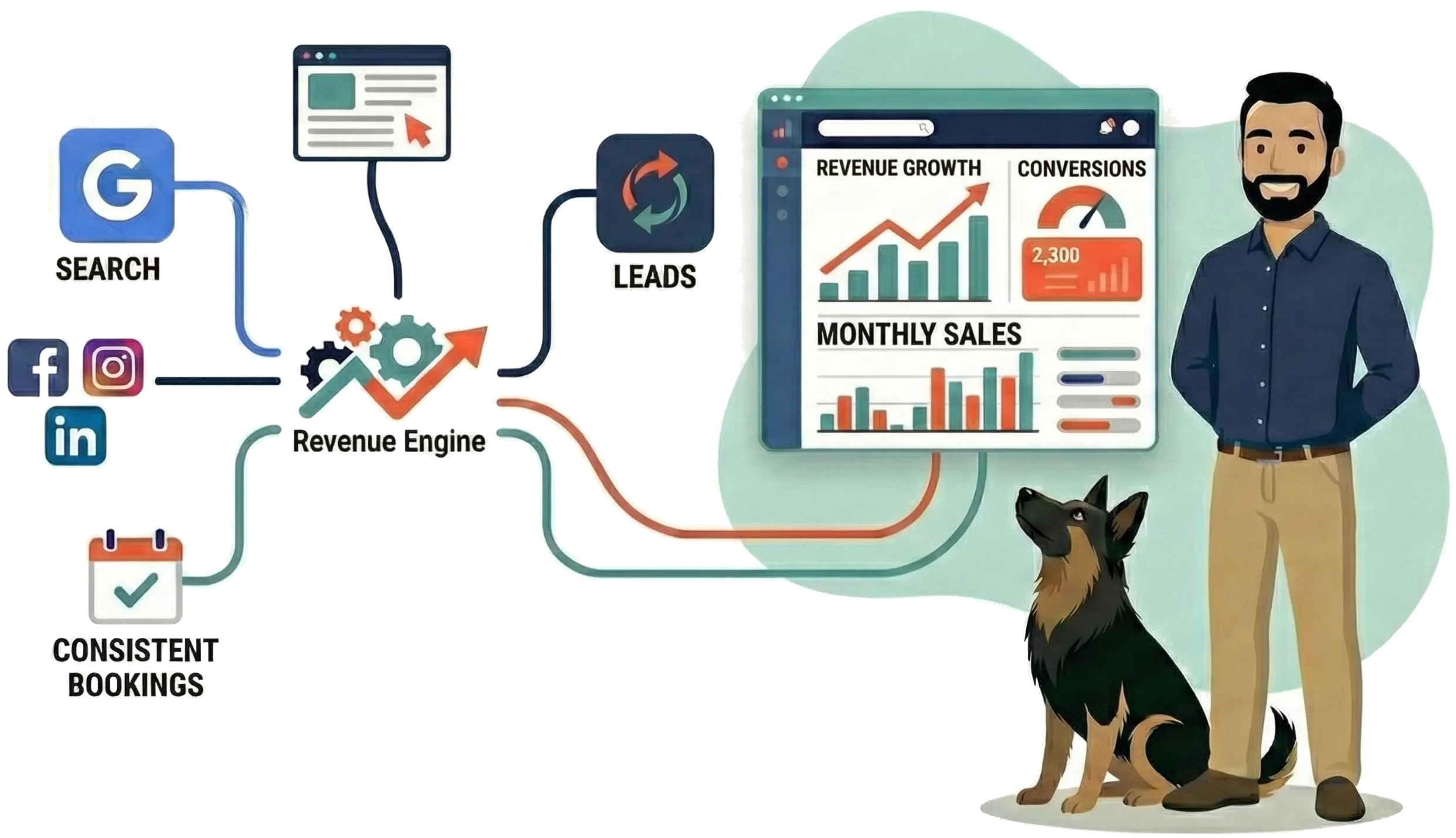 Marketing funnel diagram showing search, social media, and leads flowing into a revenue engine with consistent bookings