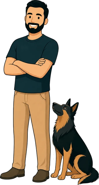 Illustration of Kevin Dillon with his dog Reggie