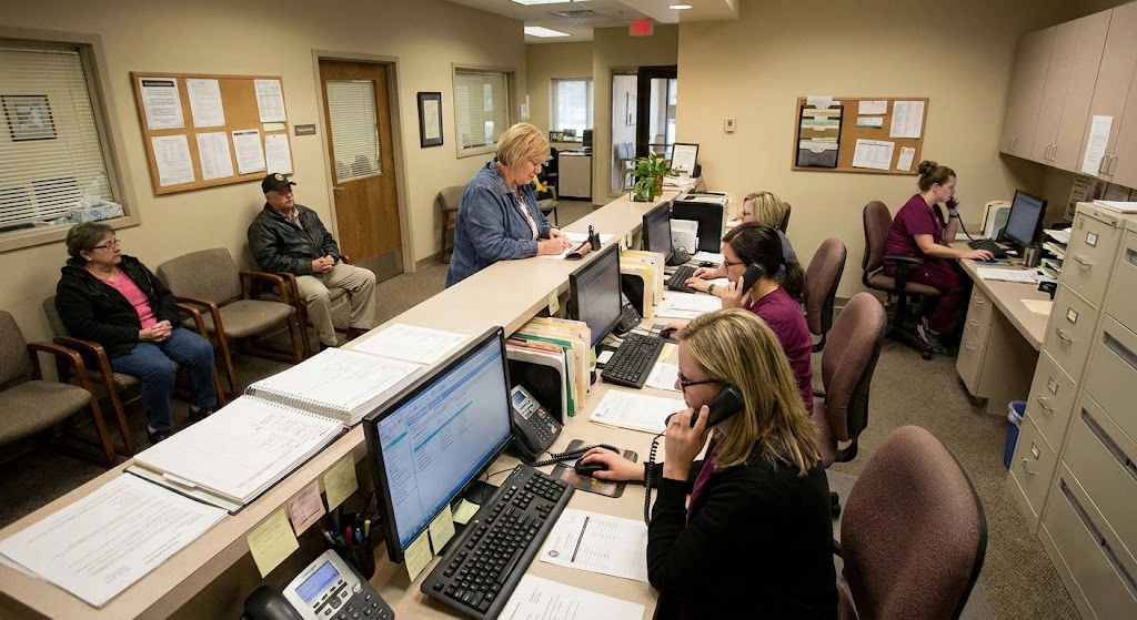 Medical practice front desk showing the operational complexity of managing patient flow and scheduling