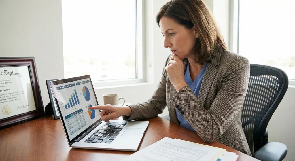 Medical practice owner reviewing patient lifetime value analytics on laptop to make strategic marketing decisions