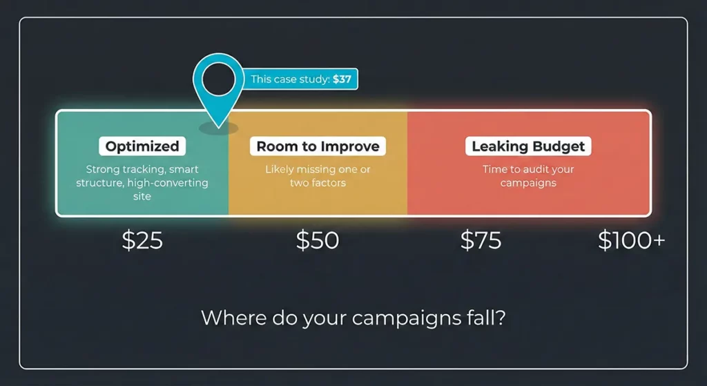 Dermatology lead cost benchmark scale showing optimized range of $25-40 per lead, with this case study achieving $37 per lead