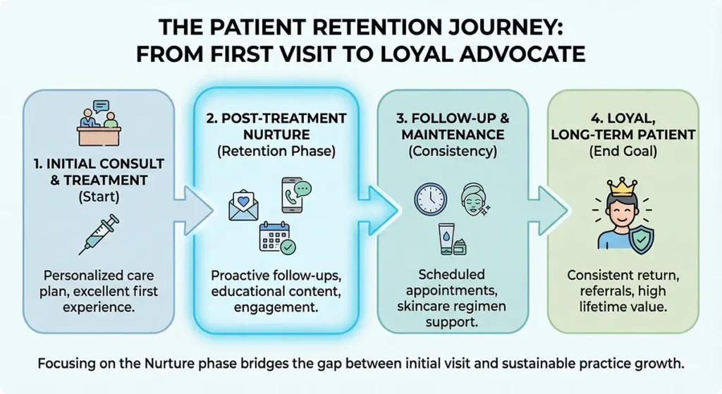 Patient journey diagram illustrating path from initial Botox treatment to retained long-term aesthetic patient