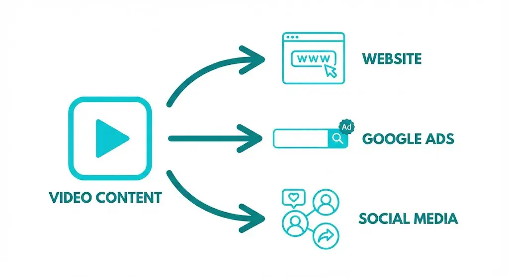 Diagram showing how medical practice video content can be deployed across website, ads, and social media channels