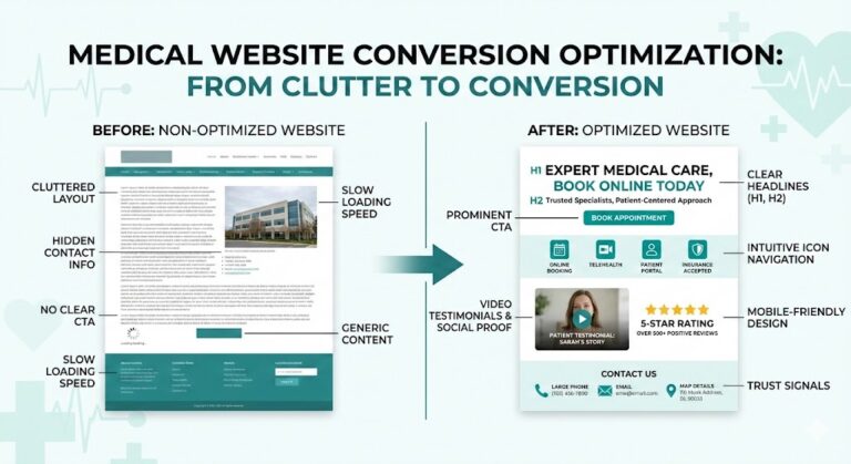 Medical website conversion optimization: from clutter to conversion - before and after comparison